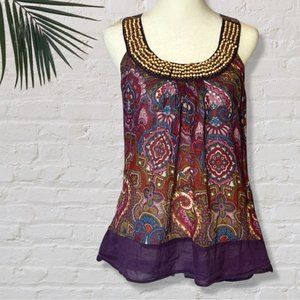TRIXXI Purple Boho Paisley Floral Sleeveless Top with Wood beading Size Medium